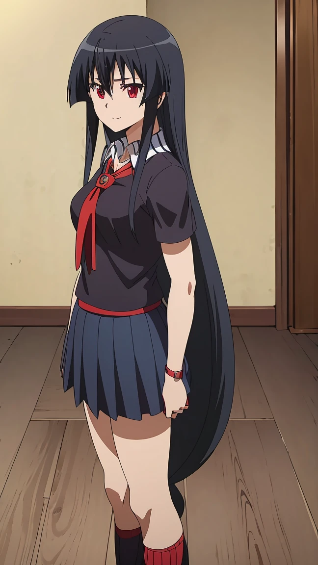 Master piece, best quality,(((1girl,solo))),full_body,akame,red_eyes,black_hair,(((very_long_hair))),cowboy_short,looking_at_me,smile_face,(school_uniform,skirt, serafuku, pleated skirt, neckerchief, short_sleeves, sailor_collar, blue_skirt,white_shirt, red_neckerchief, blue_socks, loafers),backgroud_school