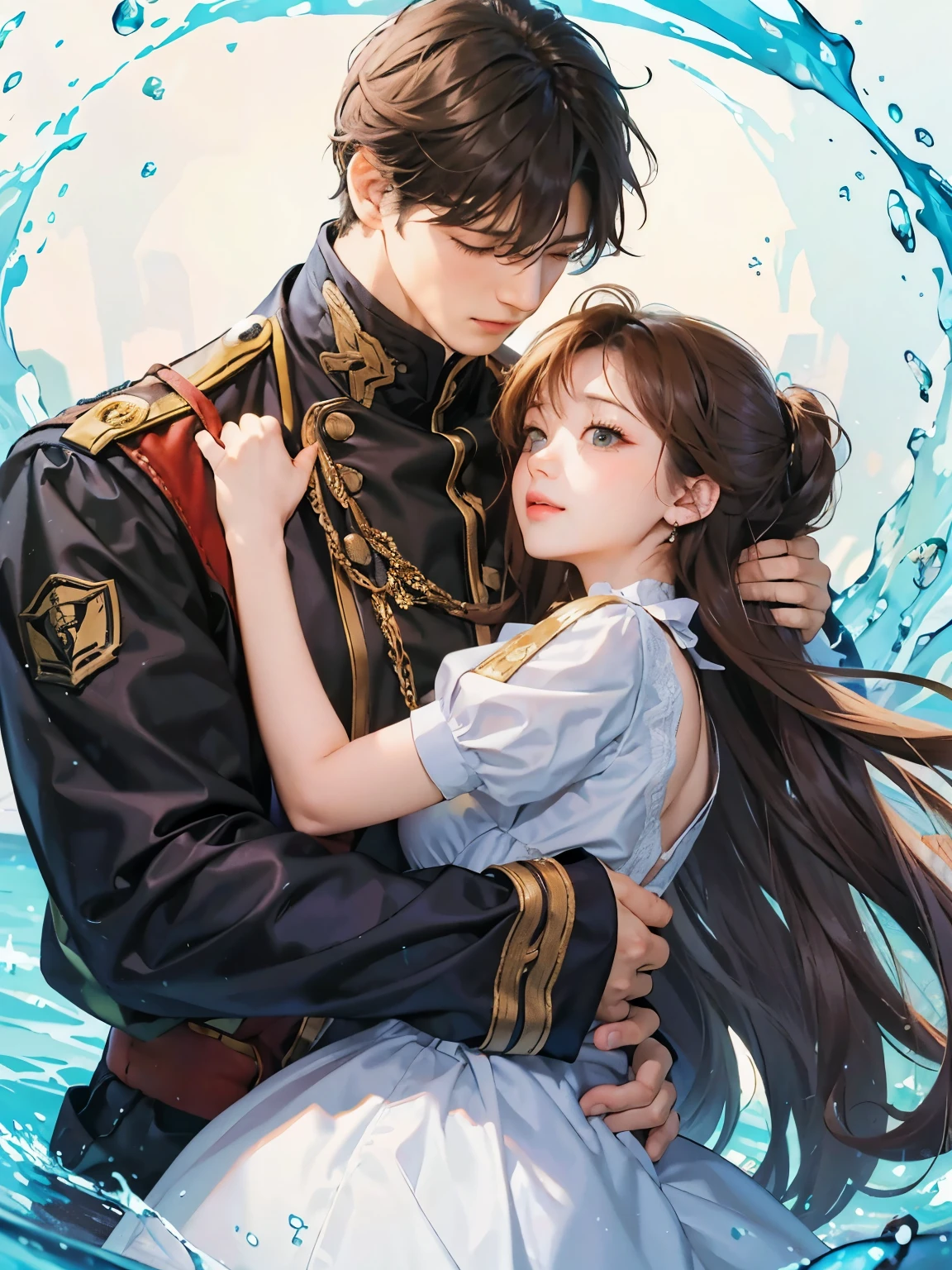 A woman hugs a man's arm and smiles coquettishly,22 years old,Beautiful face,Upper body close-up,The background is a ruined city in flames,Doomsday City,Wasteland style