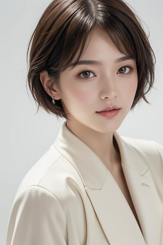 realistic light,natural light,white background,최고 quality、8 thousand、32,000、masterpiece、uhd:1.2) quality, primitive photorealism, laugh, 아름다운 girl, cute, Short hair, depth of field, high resolution, ultra detail, Highly detailed eyes and face,small eyes,Short hair,short cut,short hair,Ivory Jacket,Real picture, Sense of presence, Girlish, girl