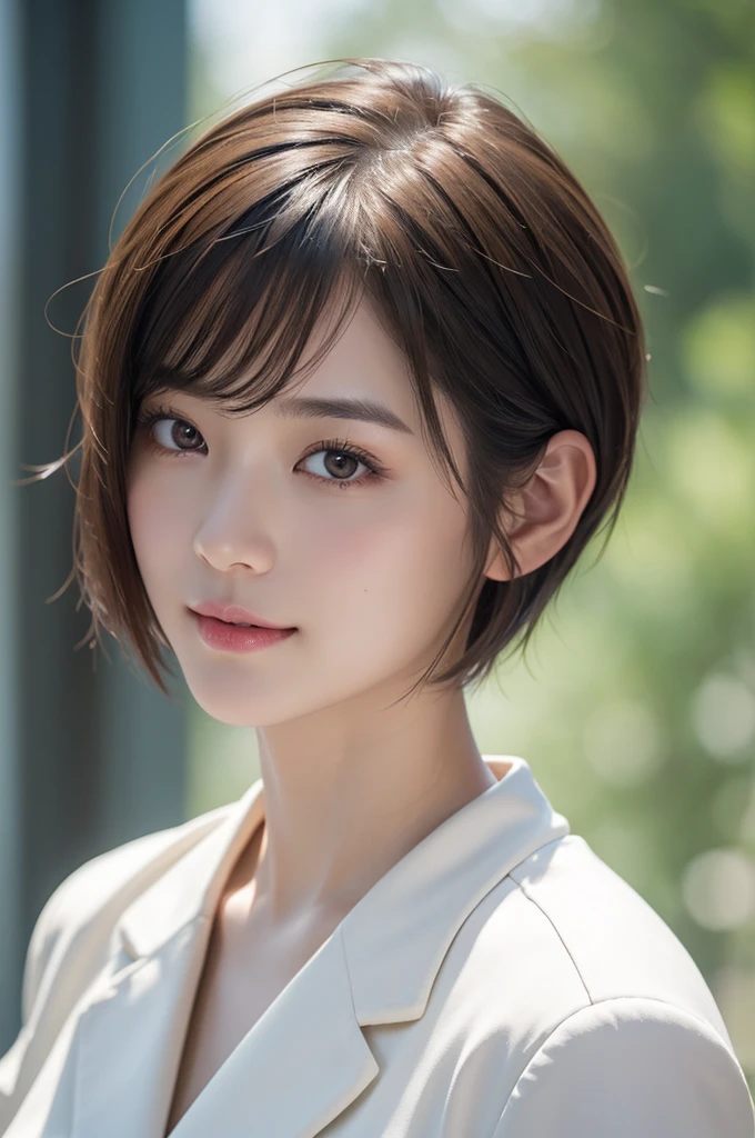 realistic light,natural light,white background,최고 quality、8 thousand、32,000、masterpiece、uhd:1.2) quality, primitive photorealism, laugh, 아름다운 girl, cute, Short hair, depth of field, high resolution, ultra detail, Highly detailed eyes and face,small eyes,Short hair,short cut,short hair,Ivory Jacket,Real picture, Sense of presence, Girlish, girl