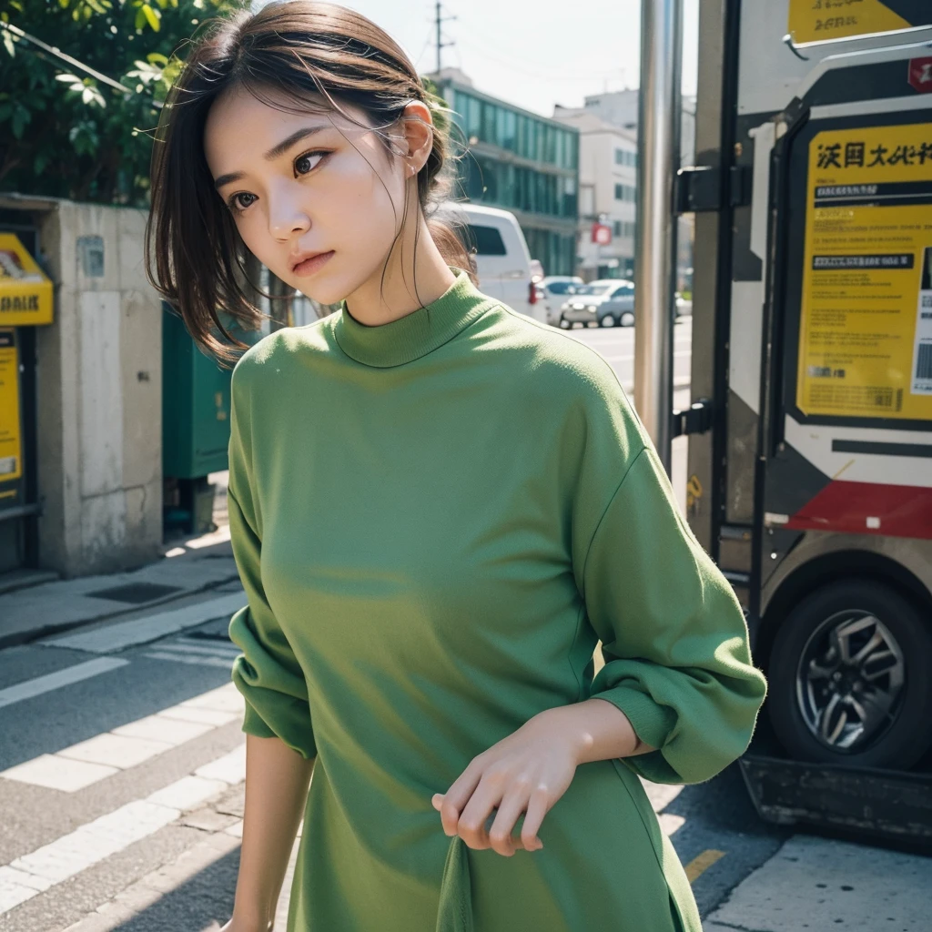 Create an image depicting a woman dressed in green clothing who exhibits excessive concern and consideration in her everyday life. Show her in various daily situations where she demonstrates heightened attentiveness and care towards others. Capture realistic expressions and gestures that convey her thoughtful and empathetic nature. Set the scenes in typical daily environments to emphasize the relatability and realism of her actions. Ensure the composition portrays her genuine kindness and attentive demeanor convincingly.