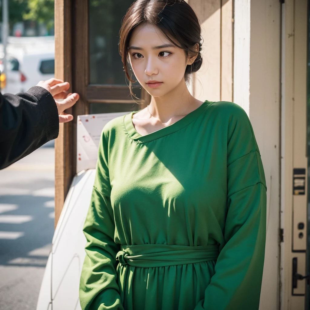 Create an image depicting a woman dressed in green clothing who exhibits excessive concern and consideration in her everyday life. Show her in various daily situations where she demonstrates heightened attentiveness and care towards others. Capture realistic expressions and gestures that convey her thoughtful and empathetic nature. Set the scenes in typical daily environments to emphasize the relatability and realism of her actions. Ensure the composition portrays her genuine kindness and attentive demeanor convincingly.