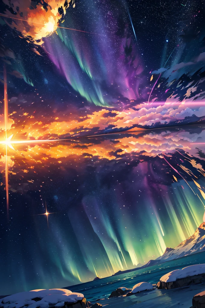 golden light, fire explosion, purple waves crashing behind, green and blue tornado, white blizzard, aurora borealis, flaming sun, flying rocks and ice, bright light, magic, sparkles
