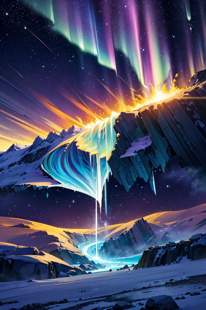 golden light, fire explosion, purple waves crashing behind, green and blue tornado, white blizzard, aurora borealis, flaming sun, flying rocks and ice, bright light, magic, sparkles
