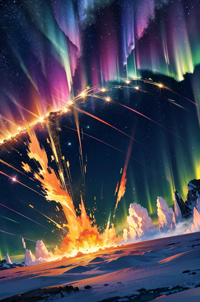 golden light, fire explosion, purple waves crashing behind, green and blue tornado, white blizzard, aurora borealis, flaming sun, flying rocks and ice, bright light, magic, sparkles