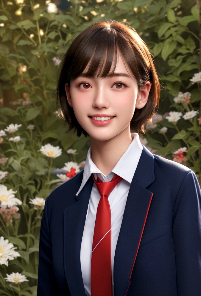 1 Girl, (White collared shirt and long red tie, Navy blue jacket:1.3), Very beautiful Japanese idol portraits, (RAW Photos, Highest quality), (Realistic, Photorealistic:1.4), (masterpiece), Very delicate and beautiful, Very detailed, 2k wallpaper, wonderful, finely, Very detailed CG Unity 8K 壁紙, Very detailedな, High resolution, Soft Light, Beautiful detailed girl, Very detailed目と顔, Beautiful and detailed nose, Finely beautiful eyes, Cinema Lighting, (in the garden:1.3), (short hair), (Parted bangs), Complete Anatomy, Slender body, Small breasts, smile