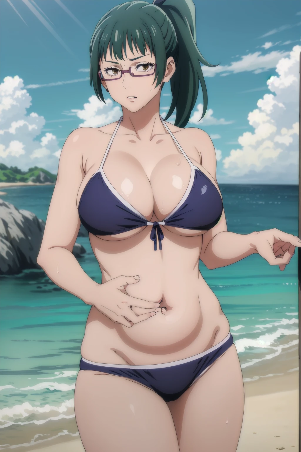 1girl, beautiful ,zenin_maki,ponytail,glasses,bangs,green hair,brown eyes, looking at the viewer, blue theme, blue background, cloudy sky, sunlight, sweat, orgasmic, bikini swimsuit, large breasts, cleavage, belly button exposed, collarbone, thighs, sea and beach,