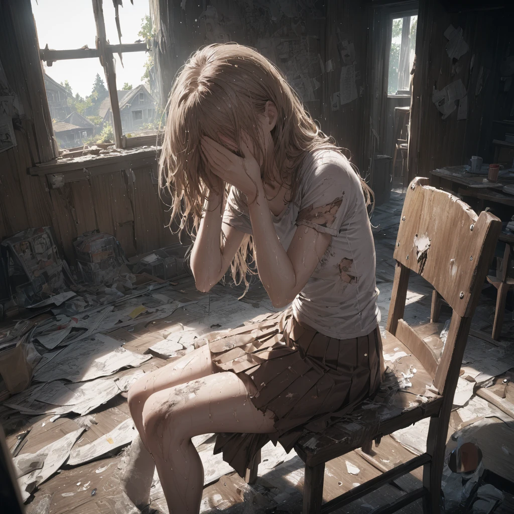 (A dirty woman sitting on a chair in a dilapidated house, her wet disheveled hair covering her eyes, wearing a detailed bodycon shirt and pleated skirt, high angle view, close-up, damaged, hand-drawn, cinematic lighting, extremely detailed, white, brown, red, perfect composition, masterpiece, best quality, 4k, sharp focus, perfect anatomy)