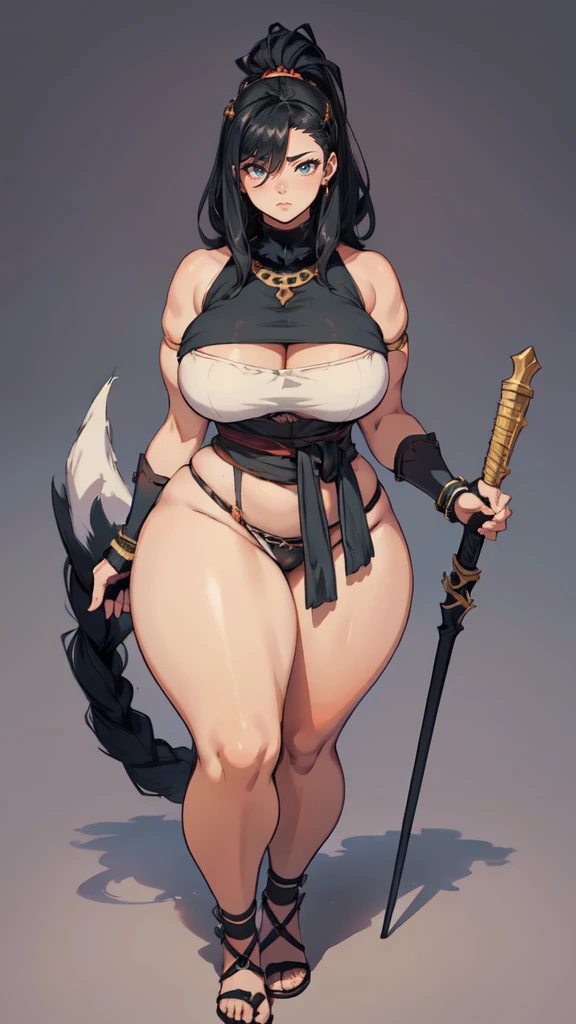 (masterpiece), best quality, female warrior, dark fantasy, huge girl, female muscular:1.2, black hair, (curvy:1.7), ((thick thighs:1.4)), (((blank background))), ((full body)), fingerless gloves, sandals, sleeveless, (straight  hair), (loincloth), (fur top) , strapless top, (spread legs), standing