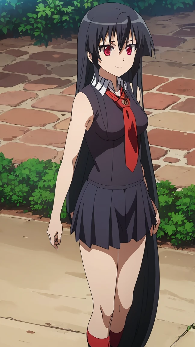 Master piece, best quality,(((1girl,solo))),full_body,akame,red_eyes,black_hair,(((very_long_hair))),cowboy_short,looking_at_me,smile_face,(school_uniform,skirt, serafuku, pleated skirt, neckerchief, short_sleeves, sailor_collar, blue_skirt,white_shirt, red_neckerchief, blue_socks, loafers),backgroud_school