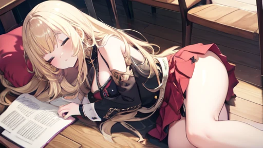 floor、mini skirt，Clothes with intricate details，Bright，Swimsuit，one person，blond，Sexy、Deep sleep、long hair、Stockings