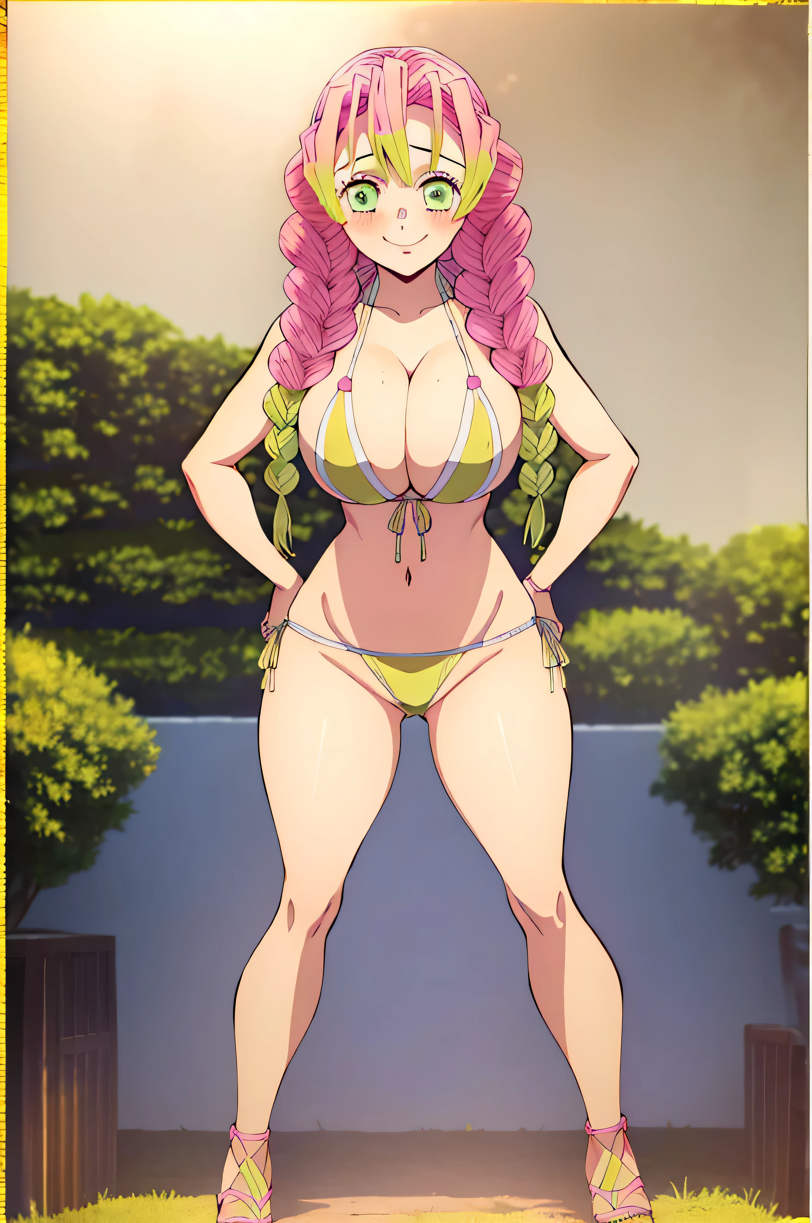 (masterpiece, best quality), intricate details,
MitsuriKanroji, kanroji mitsuri, 1girl, solo, long hair, winking, green eyes, pink hair, green hair, twin braids, smile, cute smile, blushed smile, blush, blushing, large breast, huge breasts, bikini top, collarbone, neck, bare shoulders, yellow bikini top, cleavage, full body, long legs, cameltoe, cowboy shot, plain background, white background, photoshoot, perfect shot, perfect framing, full body shot, hands on hips, standing