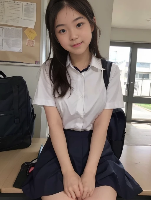 ((Highest quality)), ((masterpiece)), (Familiar), Perfect Face,Japanese,18-year-old,girl,cute,(Primary school students:110%),Private elementary school,uniform,Short sleeve blouse,Checked mini skirt,school bag,In the classroom,(Top-down angle or (upskirt:40%)),(skirt lift:50%) & (Checkered skirt or (Shaved pussy:95%)),(世界で一番cutegirl:1.1),(Sometimes nipples pumping:60%),(school bag:100%),(Licking the cum:20%),(Masturbation by playing with nipples or vagina:100%)