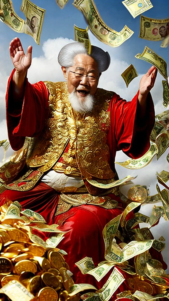 Zhao Gongming, the God of Wealth，80-year-old kind old man，（Chinese elderly），Realistic，Surrounded by money，Falling into the cornucopia，Gold coins flying all over the sky，