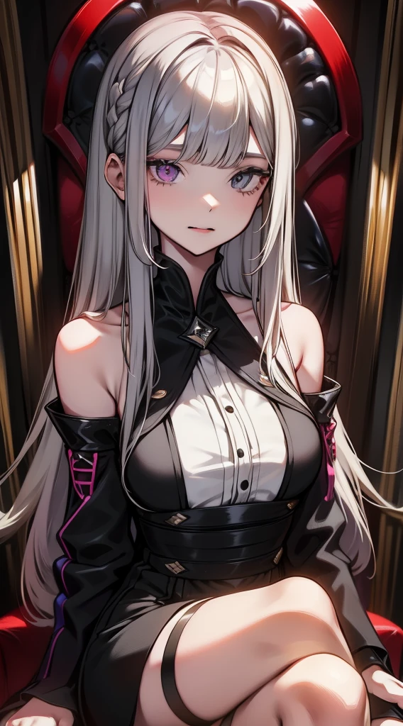 young girl,
1girl with a long straight cutted hair, silver gray straight hair, blunt bangs, straight bangs and side bangs, straight cutted bangs and side bangs, 
Heterochromia, red right eye, purple left eye, smirk, princess dress, ideal sexy breasts, open breasts, Wide neckline, sitting on the throne, legs crossed, Masterpiece, hiquality, higly detailed, HD, 4k