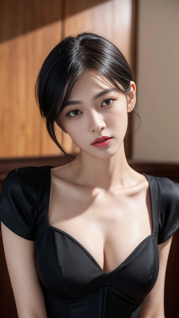 30 year old woman,(Frowning and getting angry), , BD,slave,rubber,black corset,Restraint,color,NSFW,((best quality, 8K, masterpiece:1.3))), 매우 상세한 face과 피부 질감、detailed eyes、 dslr, high quality, film grain, fair skin, photo realism,transparent,wonderful beauty,tall woman,Short hair,black hair,face, Precise expression of details such as skin texture,beautiful eyes, double eyelid,sensitive skin,slim body,alone,medium chest,whole body ,