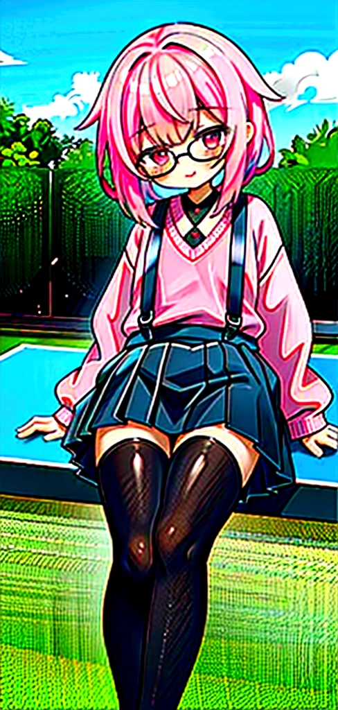 pink hair, black glasses, pink eyes, extremely blushing, a big pink sweater, a short black skirt with suspenders, some running around the waist, black stockings, white tennis shoes, a reserved girl who is sitting in a park
