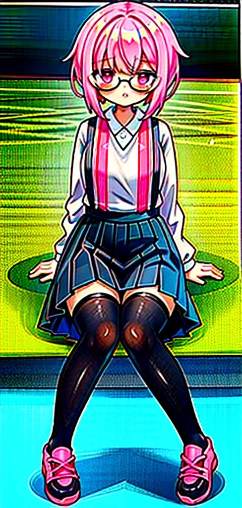pink hair, black glasses, pink eyes, extremely blushing, a big pink sweater, a short black skirt with suspenders, some running around the waist, black stockings, white tennis shoes, a reserved girl who is sitting in a park