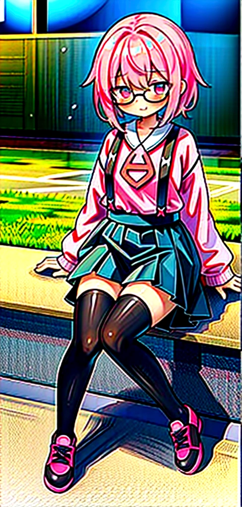 pink hair, black glasses, pink eyes, extremely blushing, a big pink sweater, a short black skirt with suspenders, some running around the waist, black stockings, white tennis shoes, a reserved girl who is sitting in a park