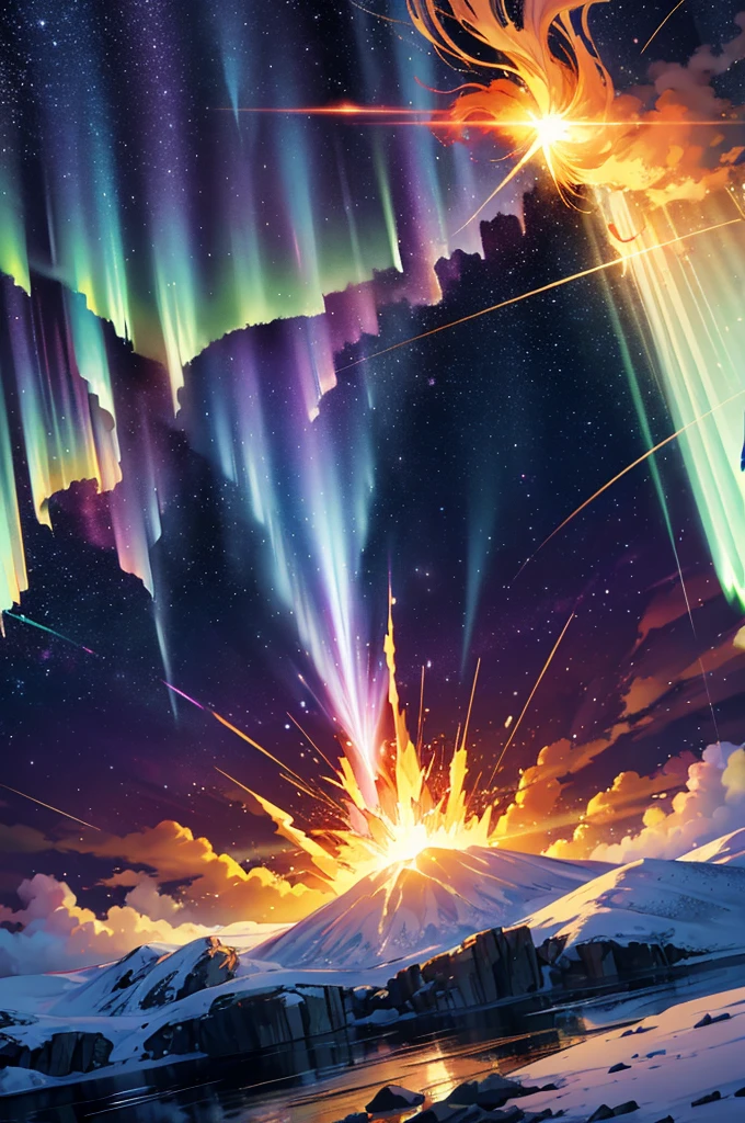 golden light, fire explosion, purple waves crashing behind, green and blue tornado, white blizzard, aurora borealis, flaming sun, flying rocks and ice, bright light, magic, sparkles, disastrous