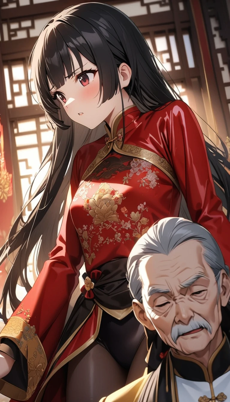 A tragic historical drama in 8k live-action style: Beautiful palace secrets　Beautiful 10 year old Chinese Kung Fu girl princess with short black hair is laid on the altar　　Gorgeous embroidery, Ultra glossy, She is wearing a shiny red top and bottom long sleeve floral kung fu suit....　　She gets an old man&#39;s dick rubbed against her