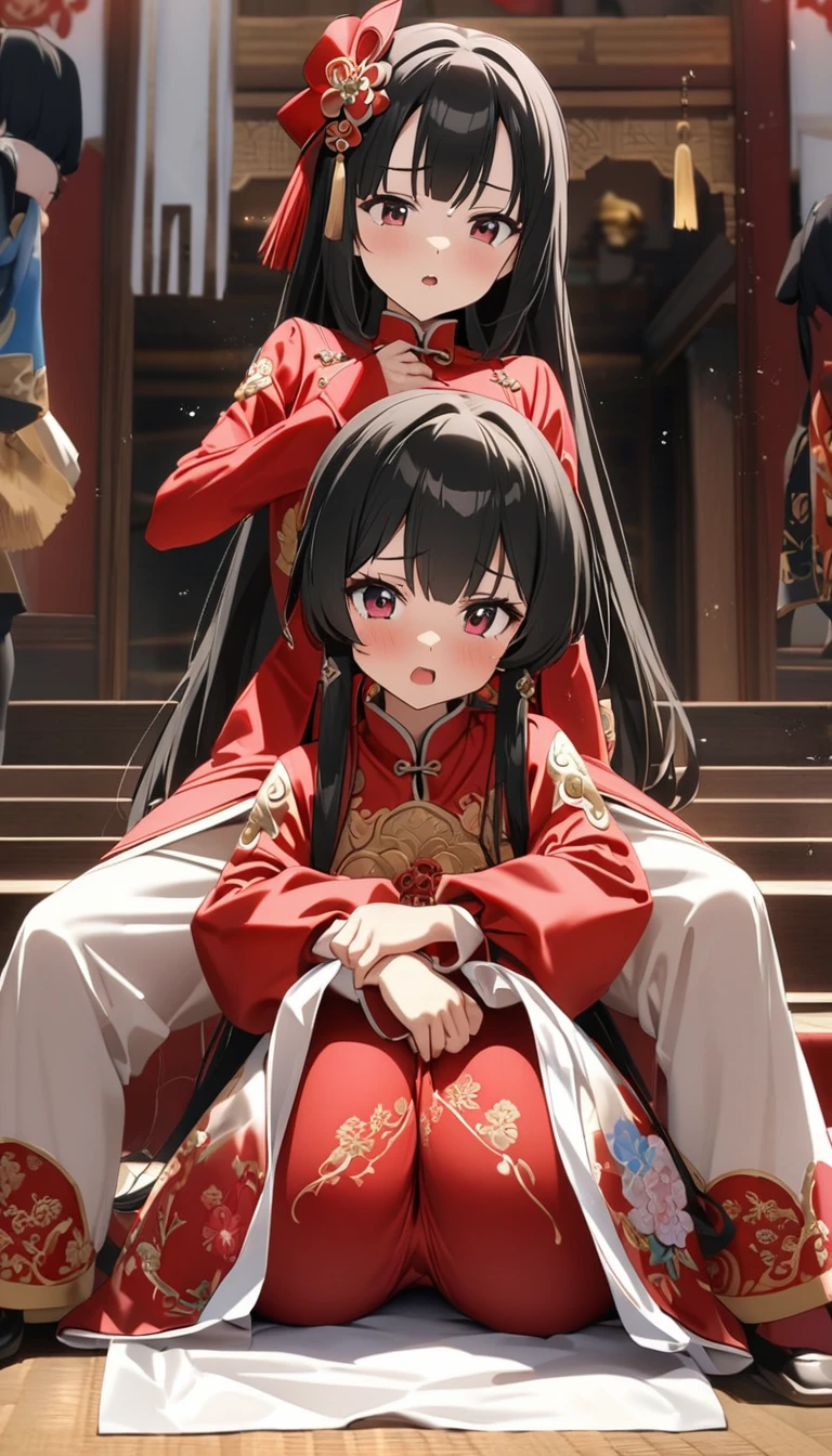 A tragic historical drama in 8k live-action style: Beautiful palace secrets　Beautiful  Chinese Kung Fu girl princess with short black hair is laid on the altar　　Gorgeous embroidery, Ultra glossy, She is wearing a shiny red top and bottom long sleeve floral kung fu suit....　　She gets an old man&#39;s dick rubbed against her