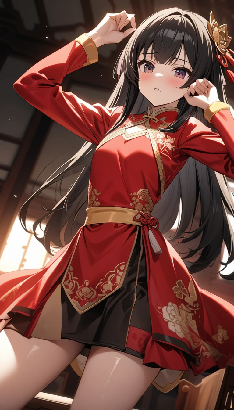 A tragic historical drama in 8k live-action style: Beautiful palace secrets　Beautiful  Chinese Kung Fu girl princess with short black hair is laid on the altar　　Gorgeous embroidery, Ultra glossy, She is wearing a shiny red top and bottom long sleeve floral kung fu suit....　　She gets an old man&#39;s dick rubbed against her