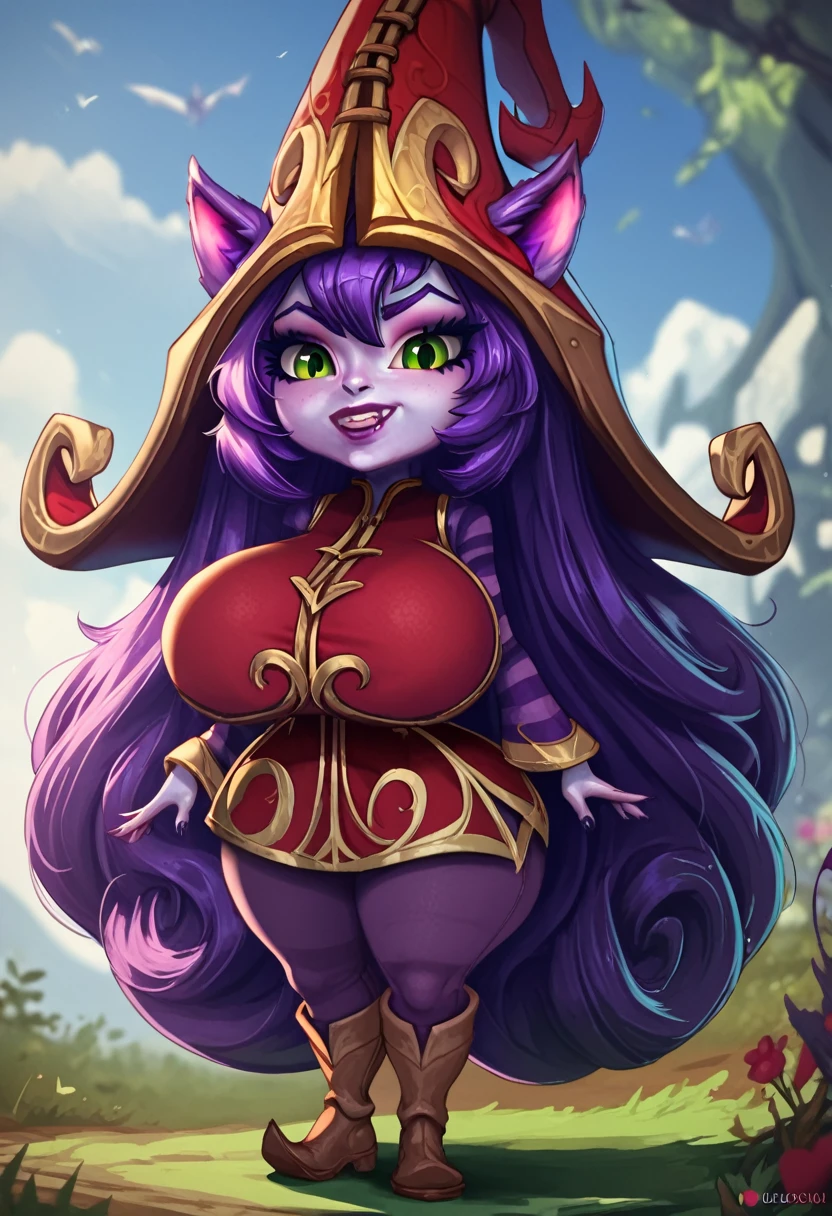 1girl, solo, masterpiece, best quality, detailed, narrow waist, wide hips, gigantic breasts, gigantic ass, score_9, score_8_up, score_7_up, LuluLoLXL, yordle, shortstack, green eyes, purple hair, very long hair, sidelocks, bangs, animal ears, purple skin, colored skin, witch hat, ears through headwear, red dress, purple striped sleeves, purple pantyhose, boots,