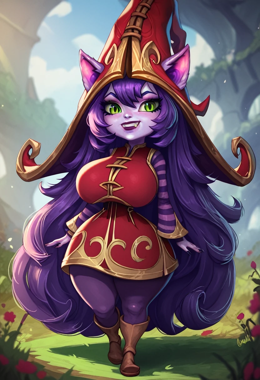 1girl, solo, masterpiece, best quality, detailed, narrow waist, wide hips, gigantic breasts, gigantic ass, score_9, score_8_up, score_7_up, LuluLoLXL, yordle, shortstack, green eyes, purple hair, very long hair, sidelocks, bangs, animal ears, purple skin, colored skin, witch hat, ears through headwear, red dress, purple striped sleeves, purple pantyhose, boots,