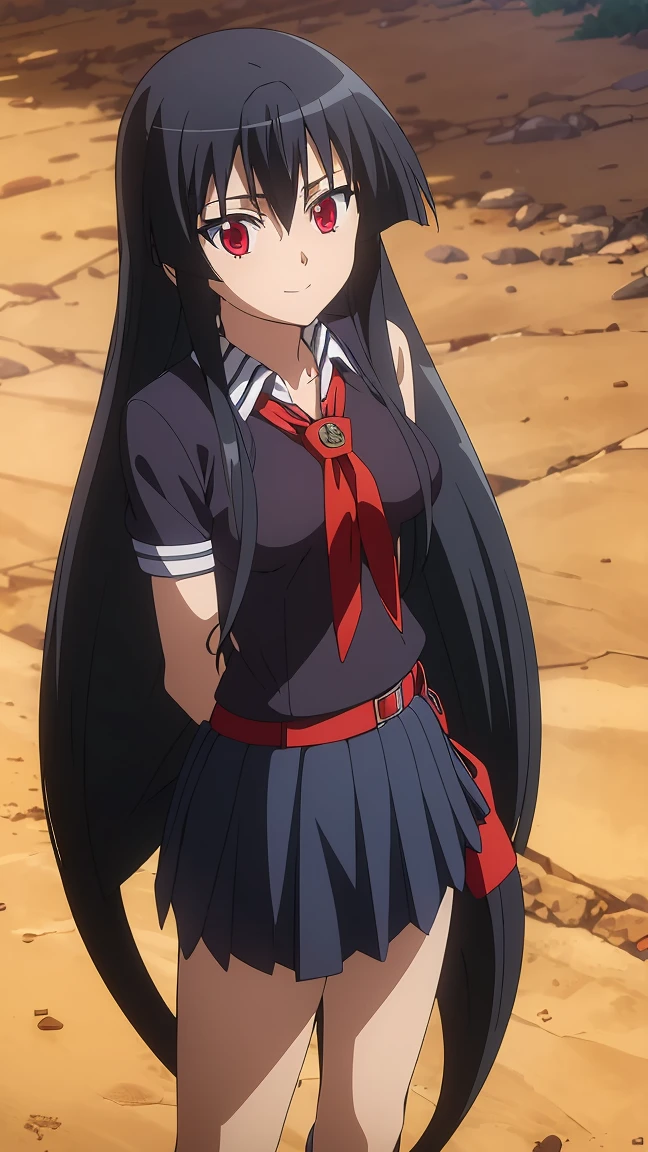 Master piece, best quality,(((1girl,solo))),full_body,akame,red_eyes,black_hair,(((very_long_hair))),cowboy_short,looking_at_me,smile_face,(school_uniform,skirt, serafuku, pleated skirt, neckerchief, short_sleeves, sailor_collar, blue_skirt,white_shirt, red_neckerchief, blue_socks, loafers),backgroud_school