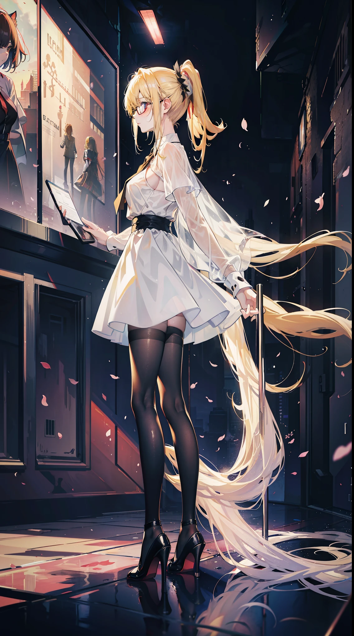Young and beautiful Kathryn Newton, Glasses, White dress shirt, great neckline, Black Mini Dress, Dark pantyhose, High balance, Surreal, 14 years old, Model figure, Large Breasts, Beautiful breasts, Big Ass, Long hair, Ponytail- Horse, Blonde hair, Long legs, 8K, futuristic city, Cherry blossoms, sunrise, LED lighting, There was blood on the wall, Pool of blood, filled with human remains, Detailed reflection, Anime style, sad