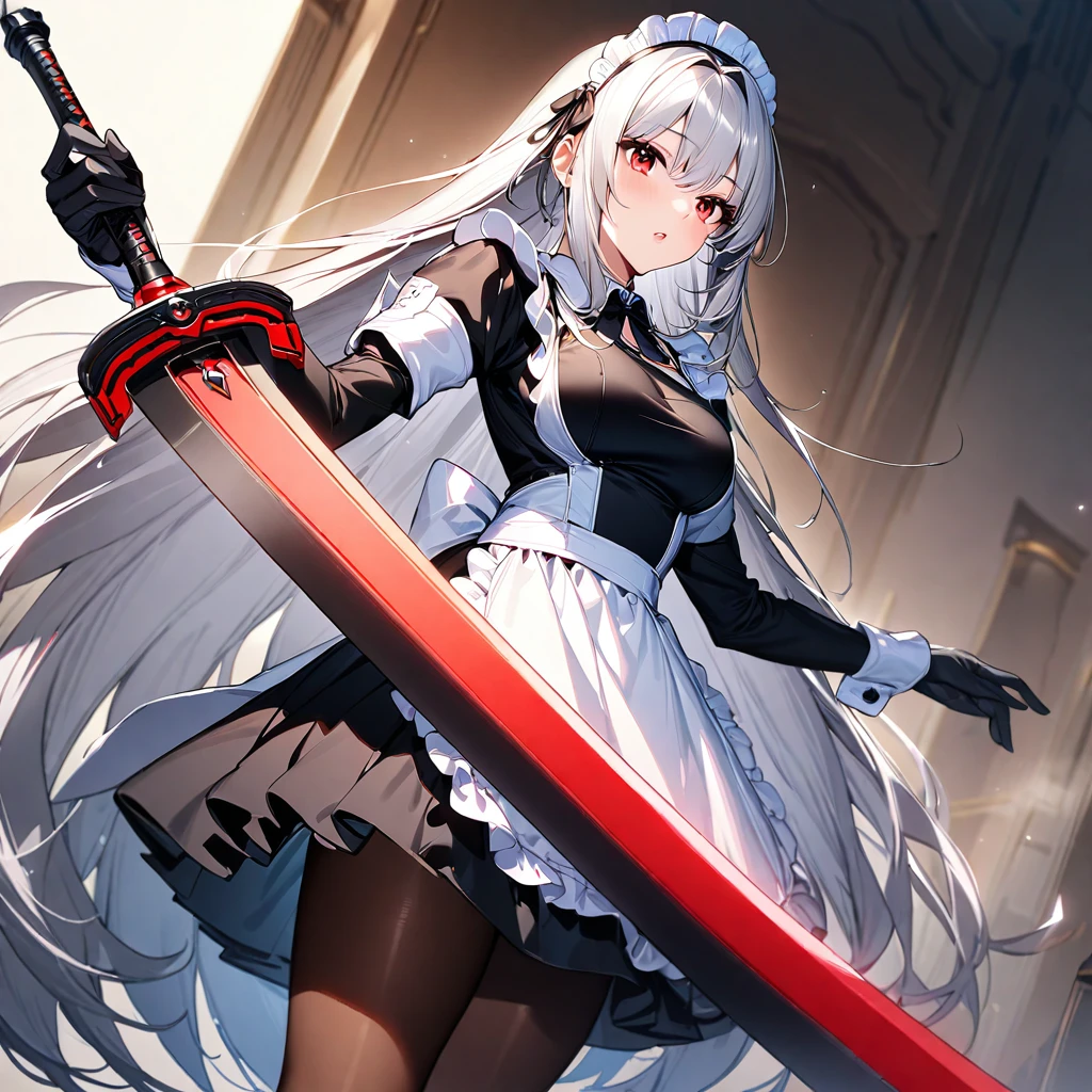 (masterpiece),(Highest quality),(Super detailed),(Best illustrations),(so beautiful), so beautiful長い脚,Silver Hair, Red eyes, Very long hair, pantyhose, Maid, headdress, apron, Long skirt, holding weapon, huge sword, duel,