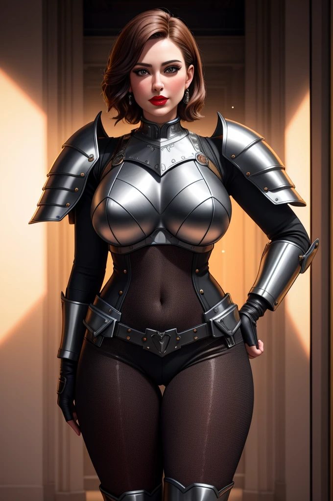 (best quality,4k,8k,highres,masterpiece:1.2),ultra-detailed,(realistic,photorealistic,photo-realistic:1.37),HDR,UHD,studio lighting,ultra-fine painting,sharp focus,physically-based rendering,extreme detail description,professional,vivid colors,bokeh,lady steelheart,armoured woman,young woman,short hair,grey eyes,red lips,full body shot