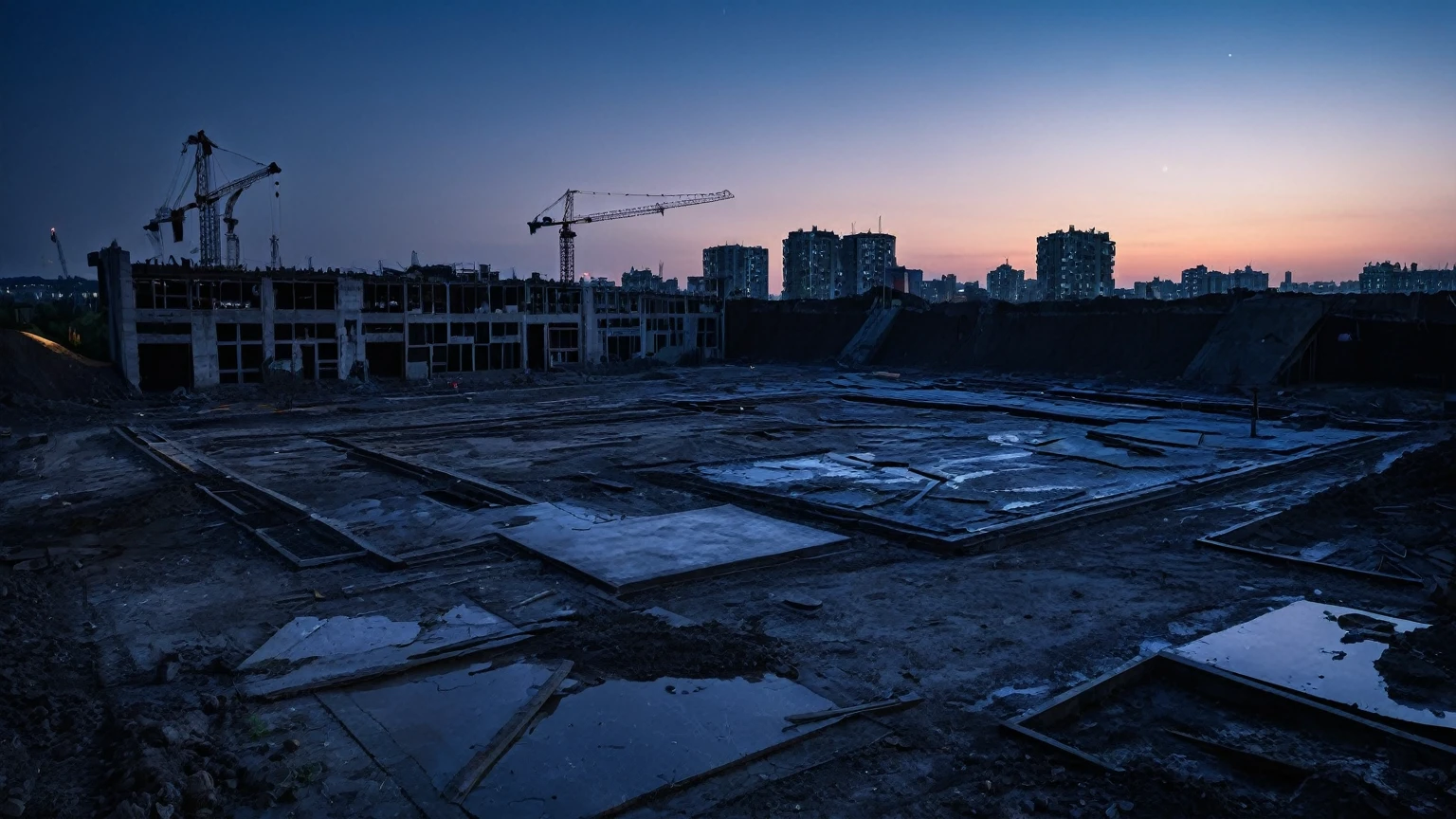 abandoned urban construction site at night time, background