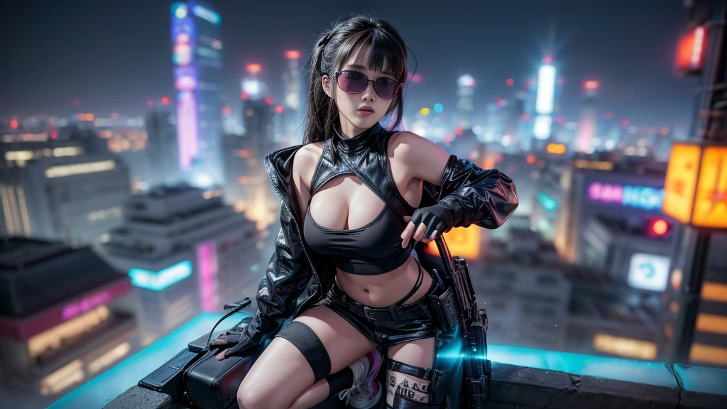 8k, Realistic Skin Texture, Realistic Photo, Neo Tokyo, slim Japanese women, large-breast:1.3 cleavage:1.2, AD2050 at night, Dirty hunting jacket, Wearing tube top, miniskirt, (((black sunglasses, automatic rifle, sneakers, cold, shooting pose, low angle view))), Innovative composition, revenge, cyberpunk, blade runner worldview, Large neon sign, Geisha hologram sign, Strong Wakamoto Sign.