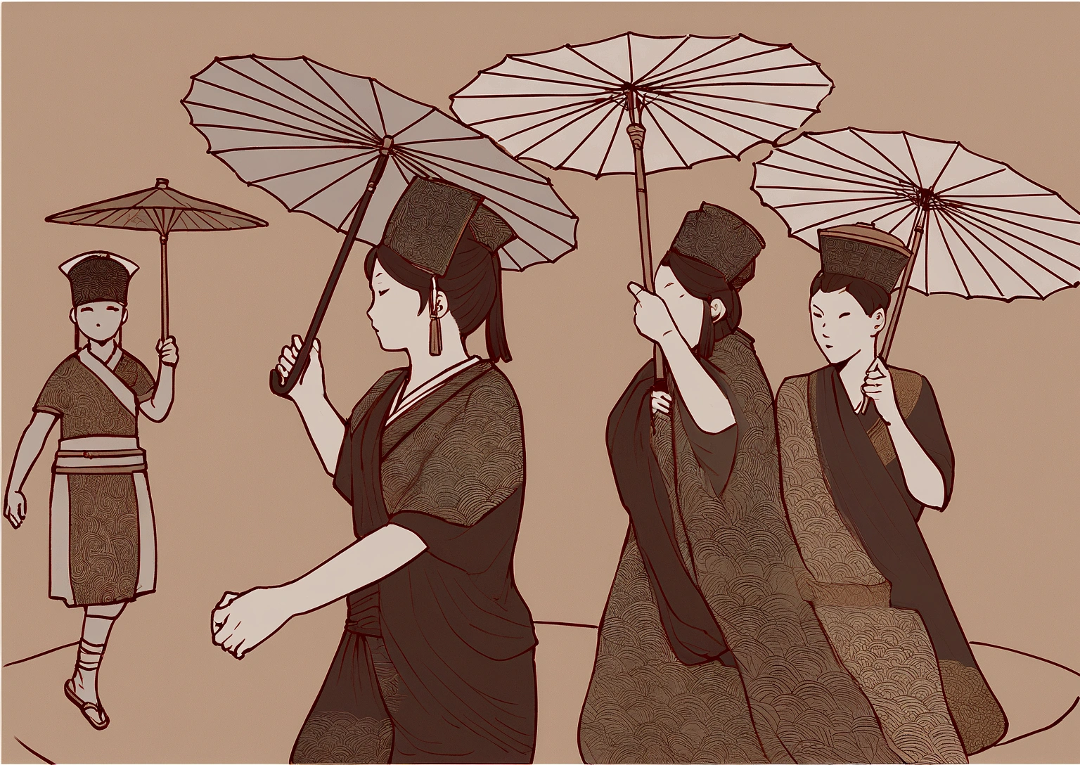 there are three existomen in traditional clothing holding umbrellas and existalking, Inspired by Miao Fu, Inspired by Gao Kegong, artexistork in the style of z.exist. arrive, 受arrive王毅的启发, ornately patterned people, Chinese Art Style, Folklore illustrations, Digital Illustration, Inspired by Roma, Inspired by Dai Xi, inspired by Jin Nong