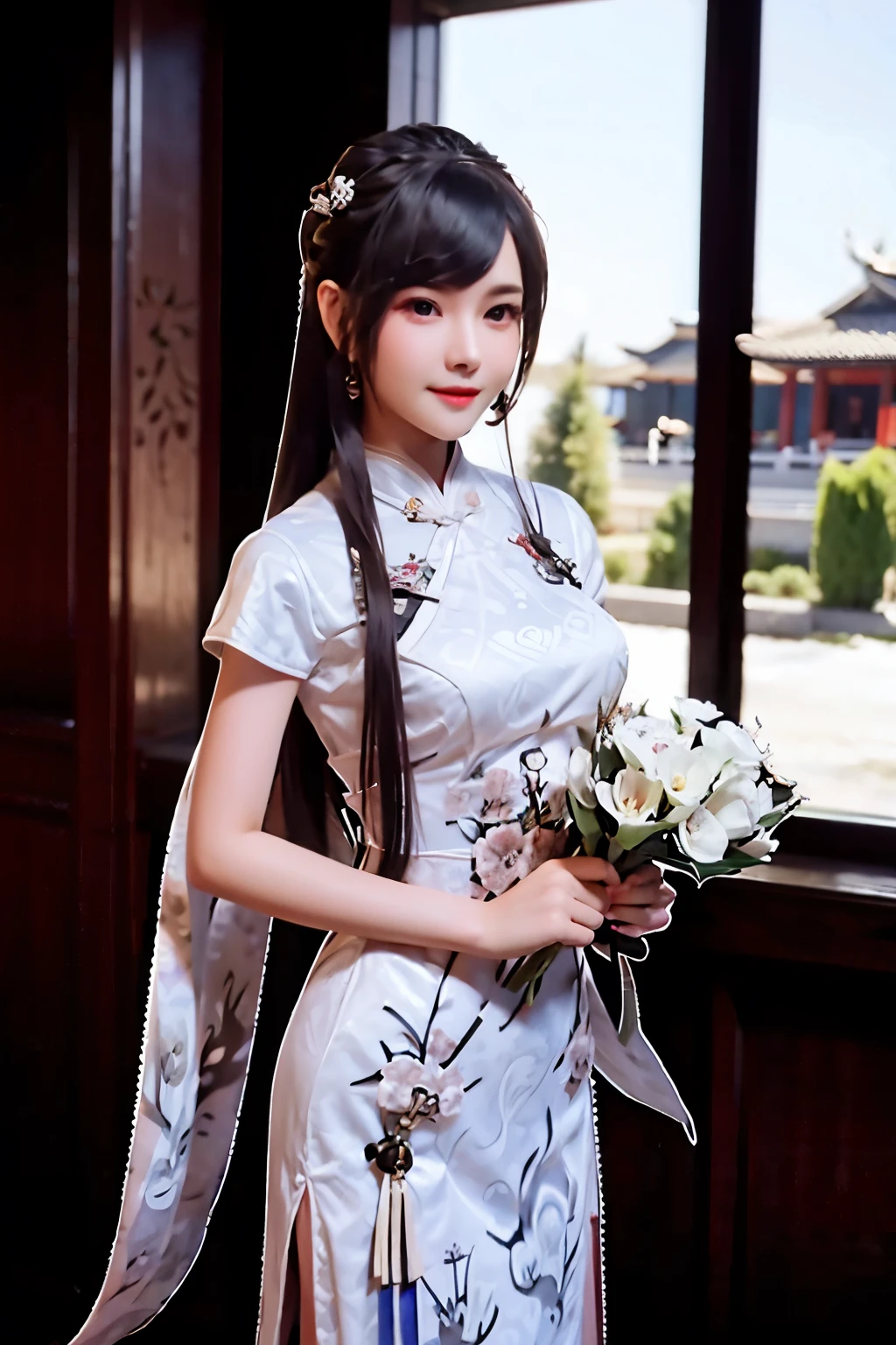 araffe woman in a traditional chinese dress holding a bouquet of flowers, palace , a girl in hanfu, ancient chinese princess, chinese princess, a beautiful fantasy empress, beautiful render of tang dynasty, chinese style, ancient asian dynasty princess, ancient chinese beauties, ((a beautiful fantasy empress)), chinese girl, chinese empress, traditional beauty, beautiful goddess