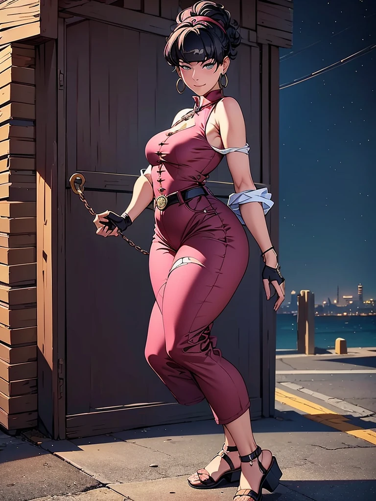 Best quality, 4k, high resolution, body stuck dress, perfect smile, gorgeous, light skin, ahegao face(hentai face) ,black hair,wearing head band, wears a pink sleeveless qipao-style blouse with red sleeve trimmings and yellow fastening buttons, wearing dark ref pants complement the ensemble, (sports red sandals), black fingerless gloves, wearing bodystuck top(wearing long pink bloud ), clothes are stuck in body, bodyfit outfit,1 girl, solo, seductive look, elegance and charm, (masterpiece, best quality, high resolution), looking at the viewer, standing, (intricate and beautiful:1.2), (detailed light:1.2), (soft light, side light), (high resolution textures) , holding leash in hand(chain leash), outdoor, Burmese girl,wearing short jean pants(black colour) with white line ,wearing gorgeous jewelary, wearing harness over the outfit ,outdoor background, sun light, attractive, sexy, mature and hot, young,(masterpiece:1.3), (disorganized:1.3), (highest quality:1.3), perfect anatomy, detailed face, front view, perfect right hands, looking at viewer, (Super detailed:1.3), (best shadow:0.7), (treated hair), fine eyes, beautiful eyes, young aged woman, alone, standing, crystal earrings,closed_mouth, , outdoors,Thick thighs, arrogant face, small
