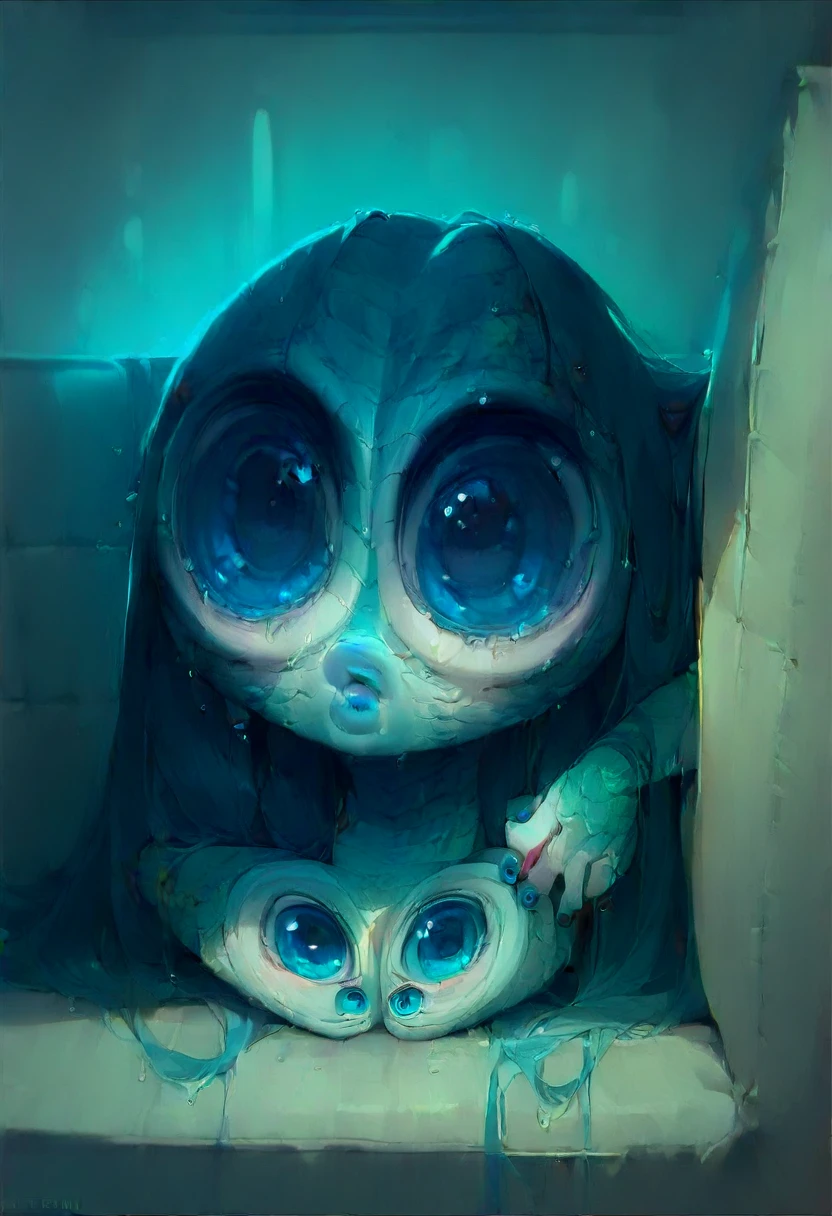 (embedded: cute) Sitting on the couch glowing, Wet, sticky scales, ((Long Hair)|(nail)), a cute face with frightened ((Big eyes)|(blue eyes)) and cute lips under the dark glow of the TV, Surrounded by comfortable pillows、 (subtle)|(intense) The smell of the room.NSFW,liquid pussy,slime breasts,