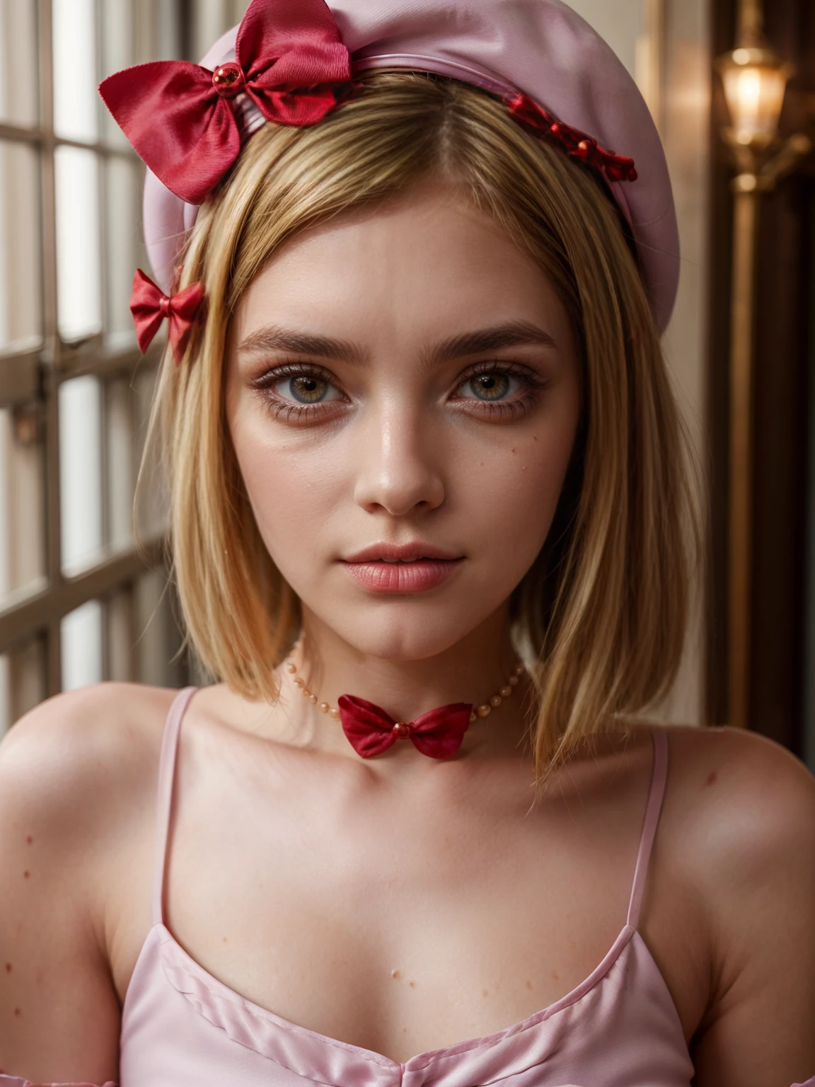 (1 lady), The beautiful, (Best quality at best:1.4), (ultra - detailed), (extremely detailed CG unified 16k), gold blonde hair, very detailed, High-definition RAW color photo, professional photoshooting, amazing face and eyes, cosmetics, (amazingly beautiful girl), ((lambdadelta, tall woman, taller)), ((dress, red bow, pink hat, necklace, gloves, pearl, pink dress, pumpkin brooch)), standing, realistic cinematic face, photo portrait, upper body (shoulders to head), photorealistic, ((realistic natural blonde hair style, red eyes)), gorgeous, extremely beautiful face, perfect model beauty, pout mouth, flirting smile, cleavages, city girl, western, (masterpiece), best quality, high resolution, extremely detailed, blurred background, depth of field, cinematic lighting, clear and well-cared skin