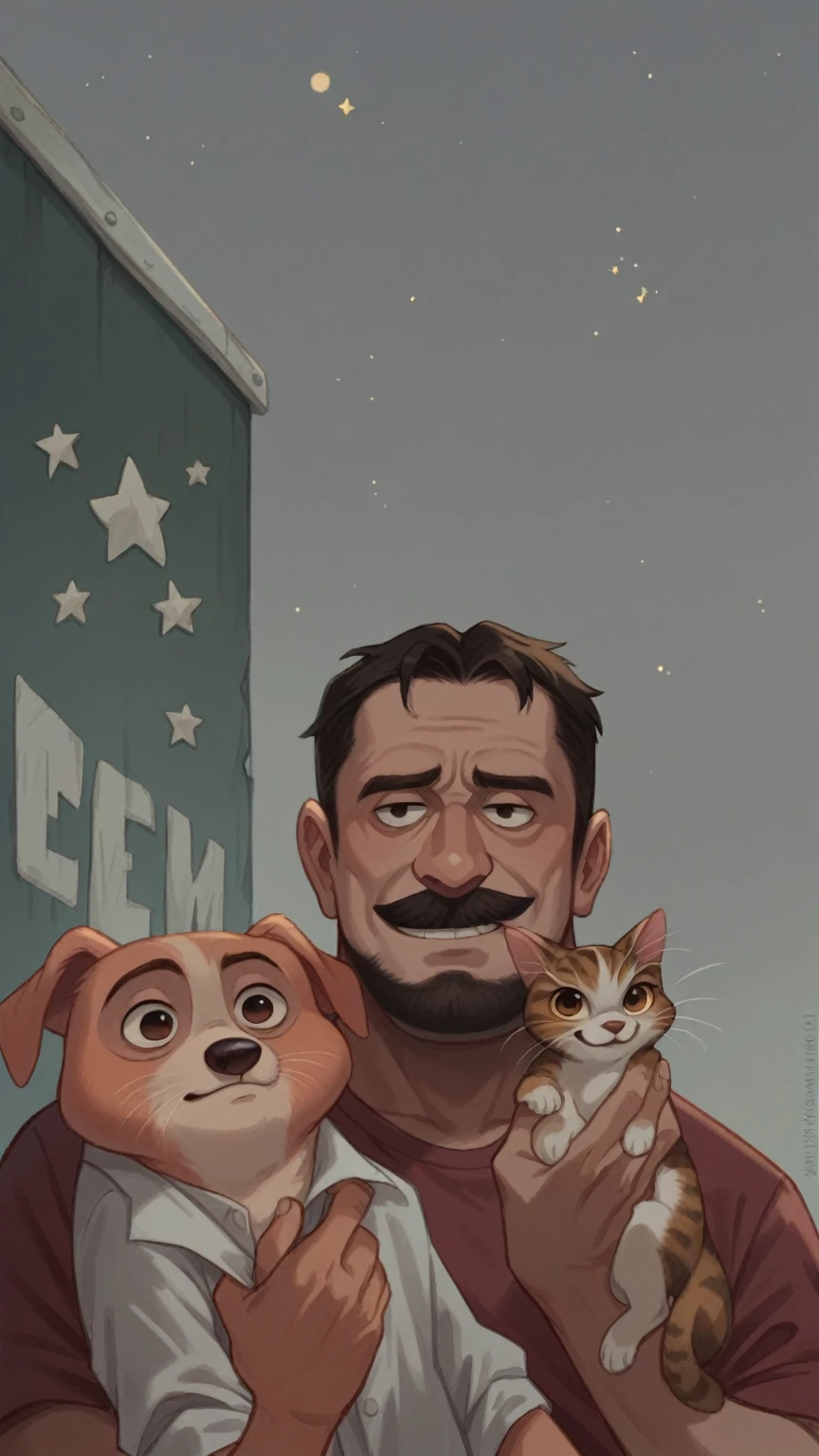 A disney pixar movie poster featuring a teenage character with a short beard and mustache. wearing clothes, Grinning, in one arm holding a Shintzu dog and in the other holding a cat with different colors. Under a blue sky, full of stars, planets and flying saucers