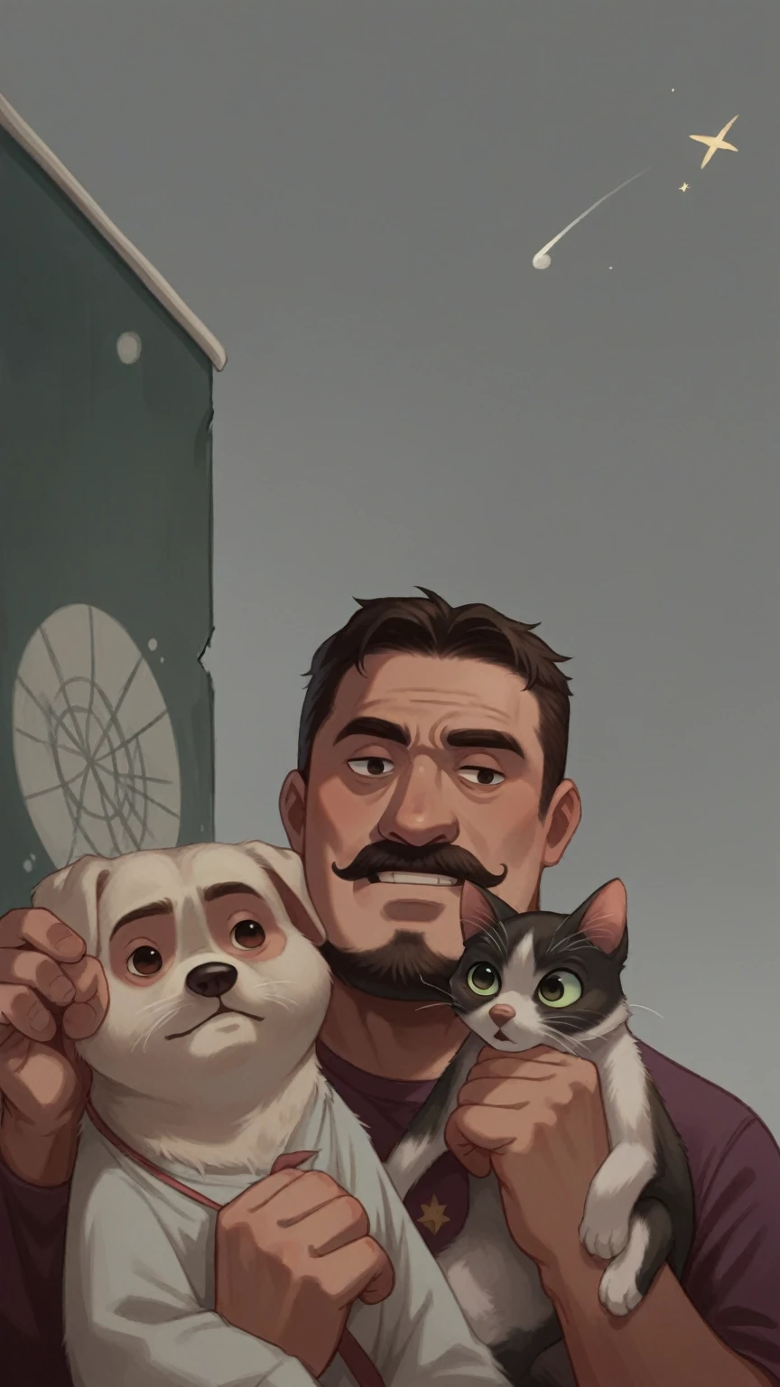 A disney pixar movie poster featuring a age character with a short beard and mustache. wearing clothes, Grinning, in one arm holding a Shintzu dog and in the other holding a cat with different colors. Under a blue sky, full of stars, planets and flying saucers