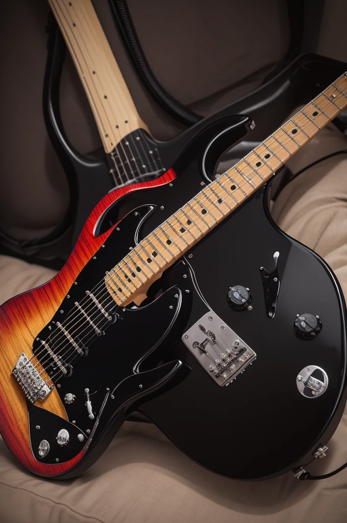 Black stratocaster guitar with red pearl pickguard and black Floyd rose bridge