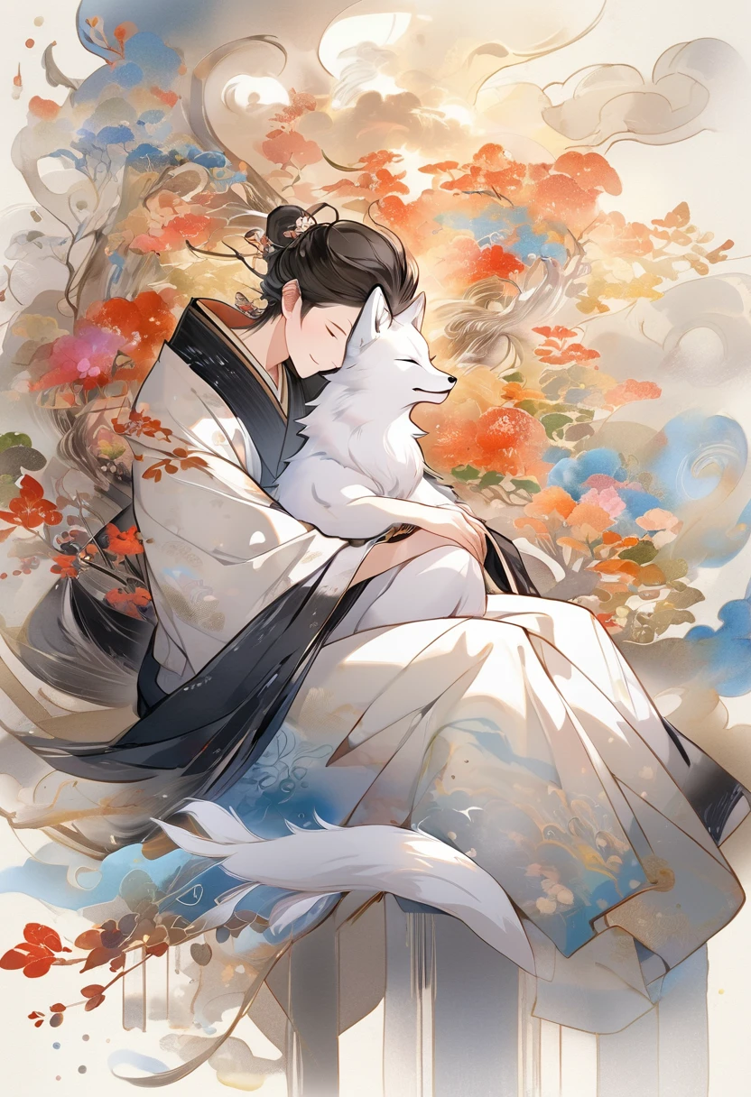 best quality, super fine, 16k, 2.5D, delicate and dynamic depiction, fox spirit stroking the head of sleeping on his lap, gentle loving smile, effects wrapped in soft colors and light, fusion of watercolors and oil paintings, calligraphy, ink, shading, gradation, Japanese paper quality