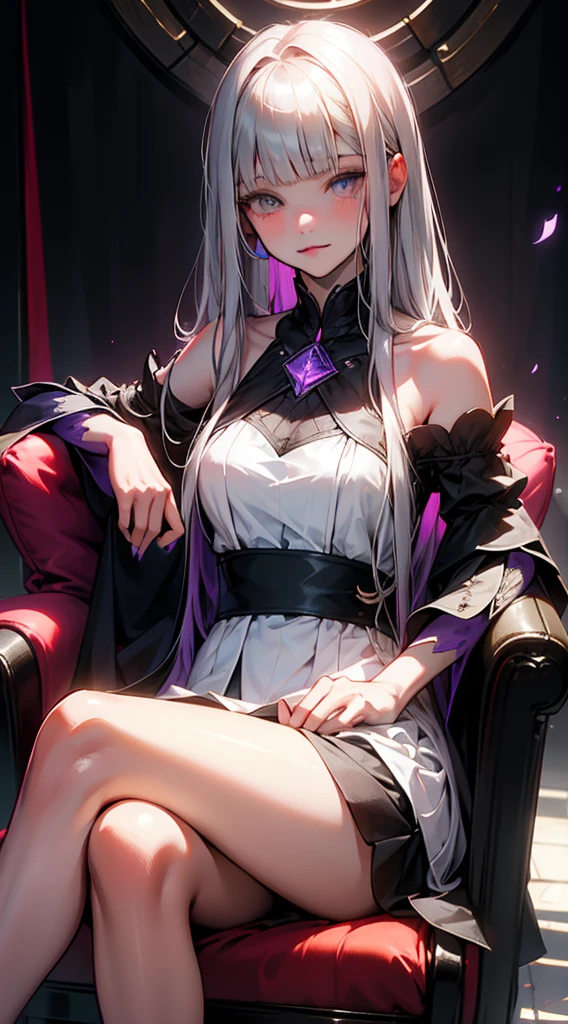 young girl,
1girl with a long straight cutted hair, silver gray straight hair, blunt bangs, straight bangs and side bangs, straight cutted bangs and side bangs, 
Heterochromia, red right eye, purple left eye, smirk, princess dress, ideal sexy breasts, open breasts, Wide neckline, sitting on the throne, legs crossed, Masterpiece, hiquality, higly detailed, HD, 4k