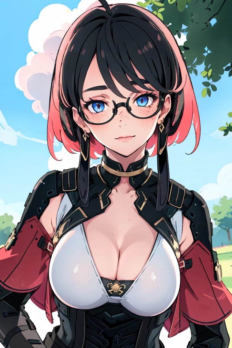 ((young adult short woman, young_face with freckles)), (glowing blue eyes), chubby, gradient (black hair), long wild hair, large round gold glasses, medium c-cup breasts, shiny skin, cutesy, outdoors, waiting, looking curious, magical