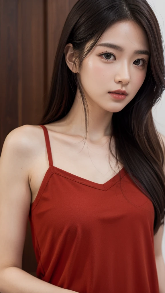 Close-up of a woman wearing a red top taking a photo, Paintings inspired by Kim Jung Hee, tumbler, shin hanga, Gorgeous Young Korean Woman, Beautiful Korean Women, Beautiful young Korean woman, Korean Girls, Young and adorable Korean face, Beautiful Asian Girl, One adorable Korean face, Larisa Manovar, Jaeyoung Nam
