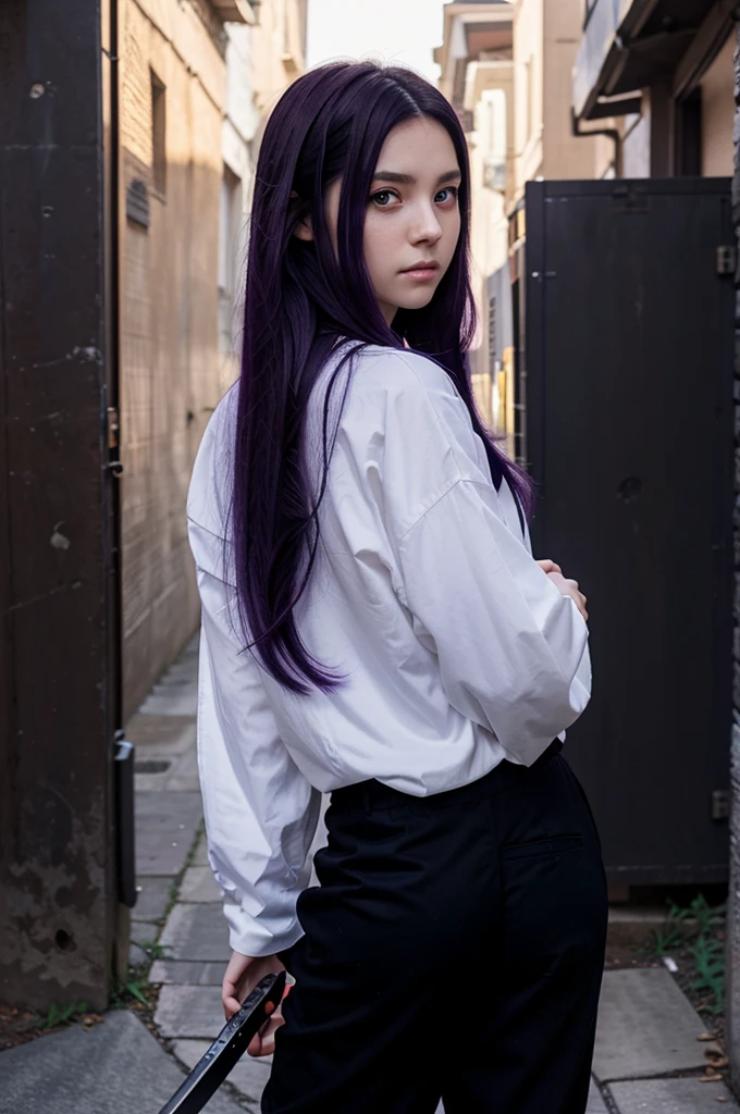 a girl from a beautiful anime has beautiful galaxy-colored eyes, and wore a long shirt and black trousers with pictures of planets on them, has long dark purple hair, holding a katana