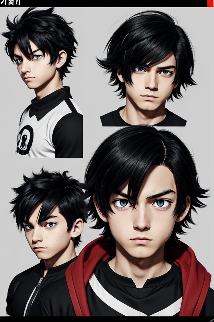 Screenshot of My Hero Academia. 
Boy with short straight hair, his hair is divided into two colors of black and white, He has dark red eyes and his expression is serious and cold., He has a black turtle shirt.