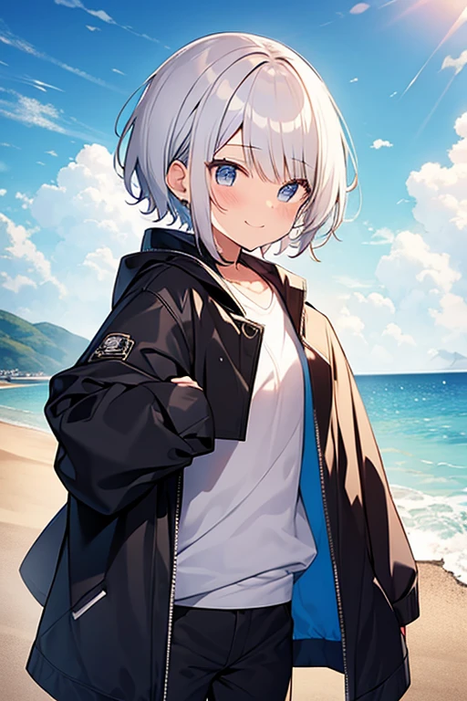 small hoobs,(pubic hair:1.3),smile,Silver Hair,Short Hair,beach,1 boy shake hands,